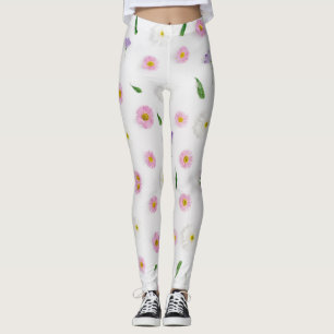 Zinnia and tropical flower on white background leggings