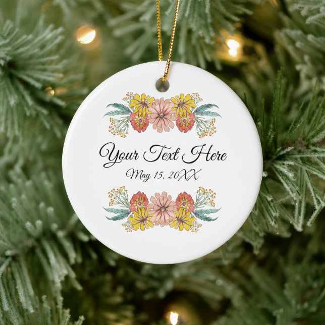 Zinnia Art Drawing - Custom Text Wreath Ceramic Ornament (Tree)