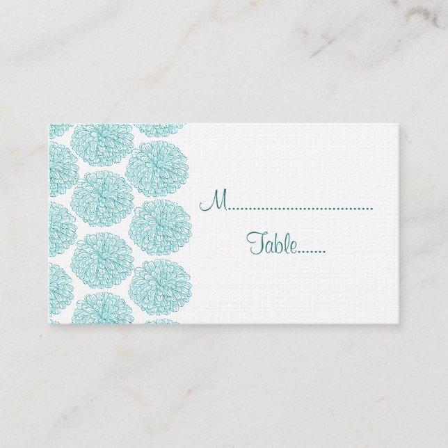 Zinnia Border Wedding Place Card, Turquoise Card (Front)