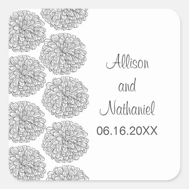 Zinnia Border Wedding Stickers, Black Square Sticker (Front)