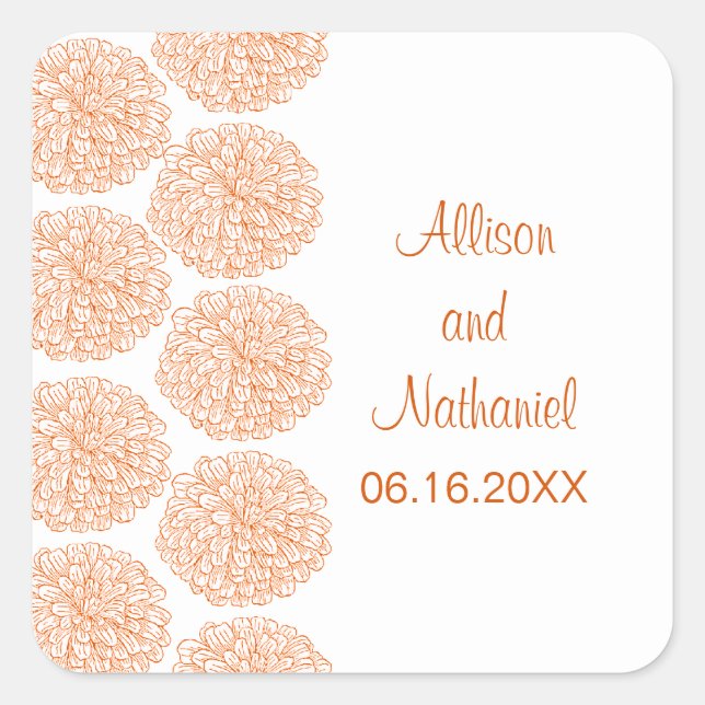 Zinnia Border Wedding Stickers, Tangerine Square Sticker (Front)