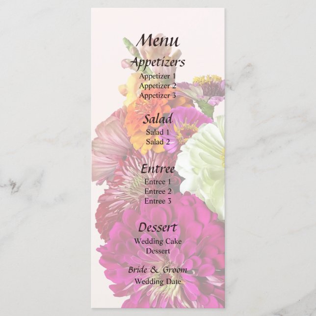 Zinnia Bouquet Mixed Colors  Wedding Menu (Front)