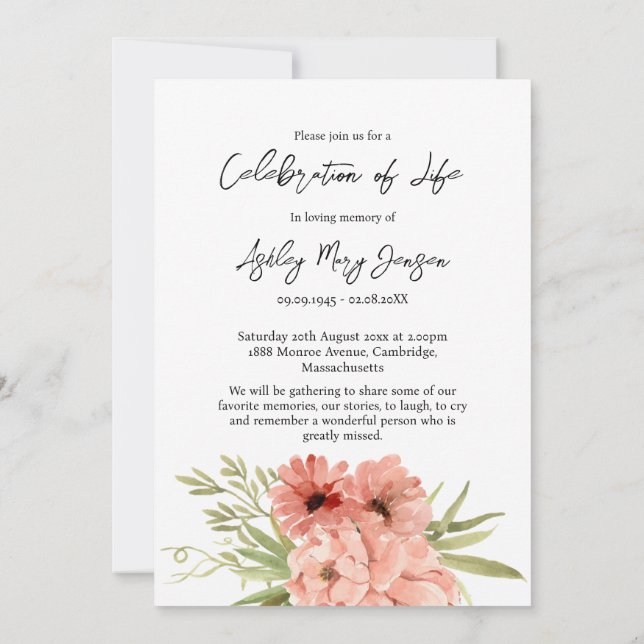 Zinnia Celebration of Life Photo Funeral  Invitation (Back)