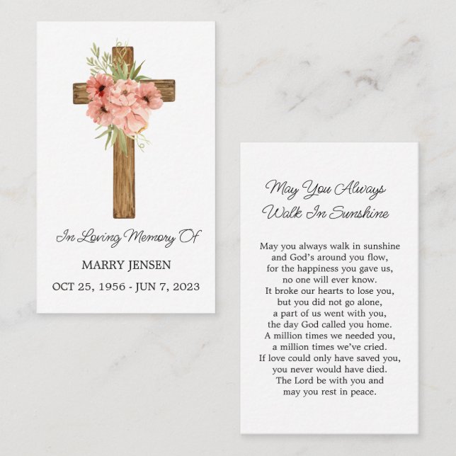 Zinnia Cross Memorial Funeral Prayer Card (Front/Back)