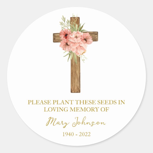 Zinnia Cross Memorial Funeral Seed Packet Classic Round Sticker (Front)