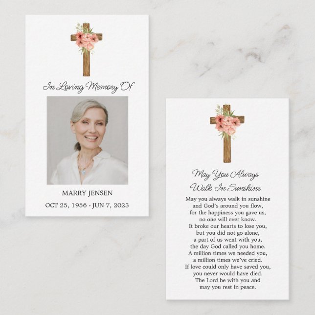 Zinnia Cross Memorial Photo Funeral Prayer Card (Front/Back)