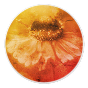 Zinnia Daisy Flower In Sepia Vintage Distressed Ceramic Knob
