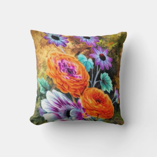 Zinnia daisy  garden floral gold purple orange throw pillow