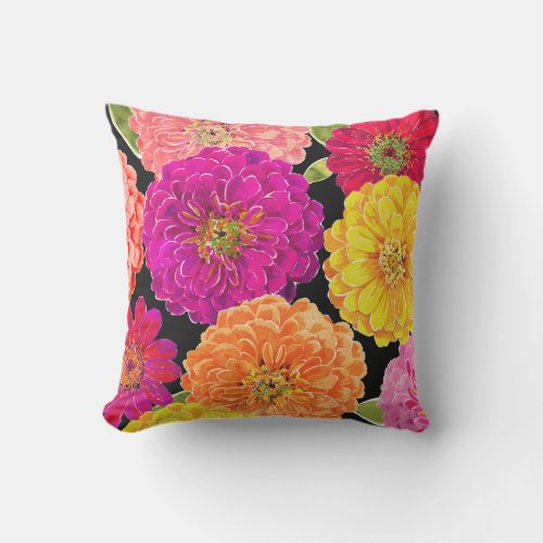 Zinnia Floral Pink Yellow Purple Peach Outdoor Pillow