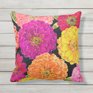Zinnia Floral Pink Yellow Purple Peach Outdoor Pillow