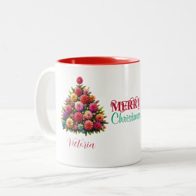 Zinnia Flower Christmas Tree Merry Christmas Name Two-Tone Coffee Mug (Front Left)