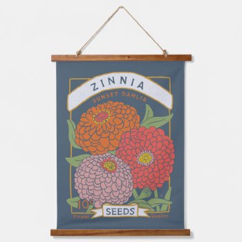 Zinnia Flower Seed Packet (soft Navy) Hanging Tapestry by Low_Star_Studio at Zazzle
