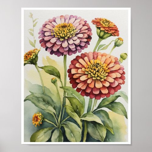 Zinnia Flowers Handmade Water Color Wall Poster