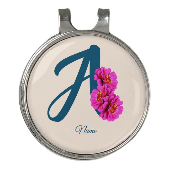 Zinnia Flowers Monogram Initial A Personalized Golf Hat Clip (Front)
