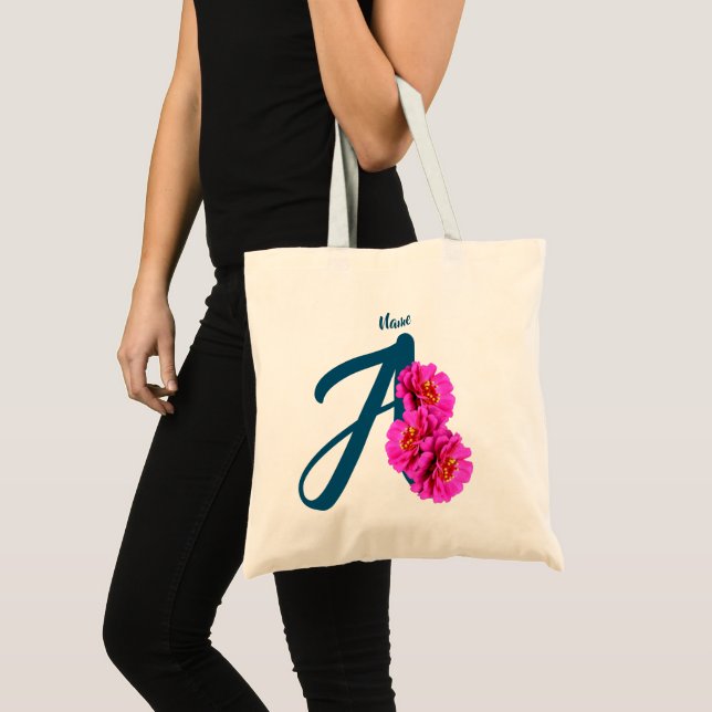 Zinnia Flowers Monogram Initial A Personalized Tote Bag (Front (Product))