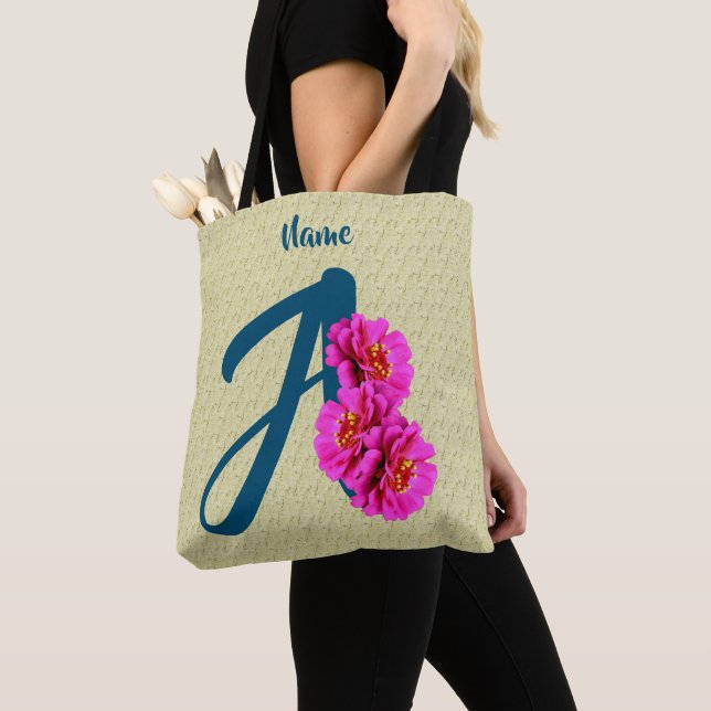 Zinnia Flowers Monogram Initial A Personalized Tote Bag (Close Up)