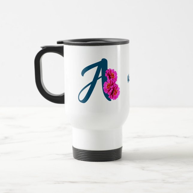 Zinnia Flowers Monogram Initial A Personalized Travel Mug (Left)