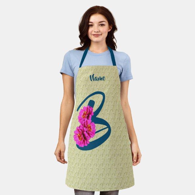 Zinnia Flowers Monogram Initial B Personalized Apron (Worn)