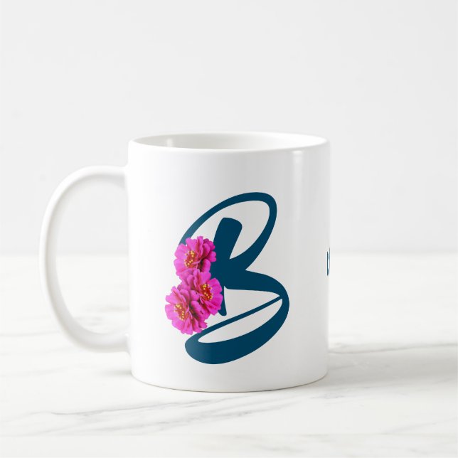 Zinnia Flowers Monogram Initial B Personalized Coffee Mug (Left)