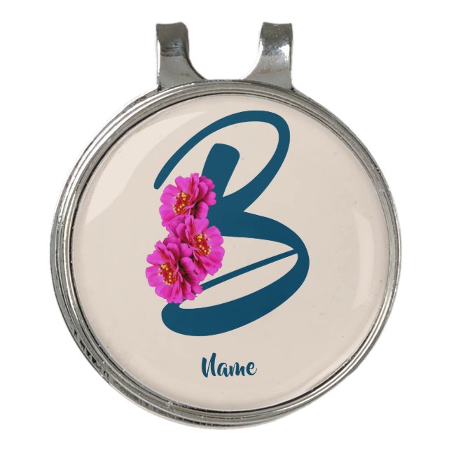 Zinnia Flowers Monogram Initial B Personalized Golf Hat Clip (Front)