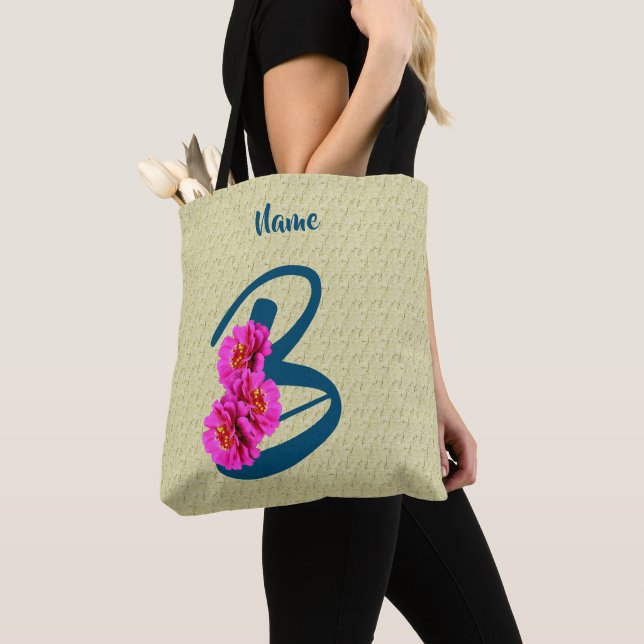 Zinnia Flowers Monogram Initial B Personalized Tote Bag (Close Up)