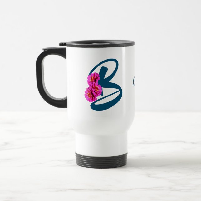 Zinnia Flowers Monogram Initial B Personalized Travel Mug (Left)