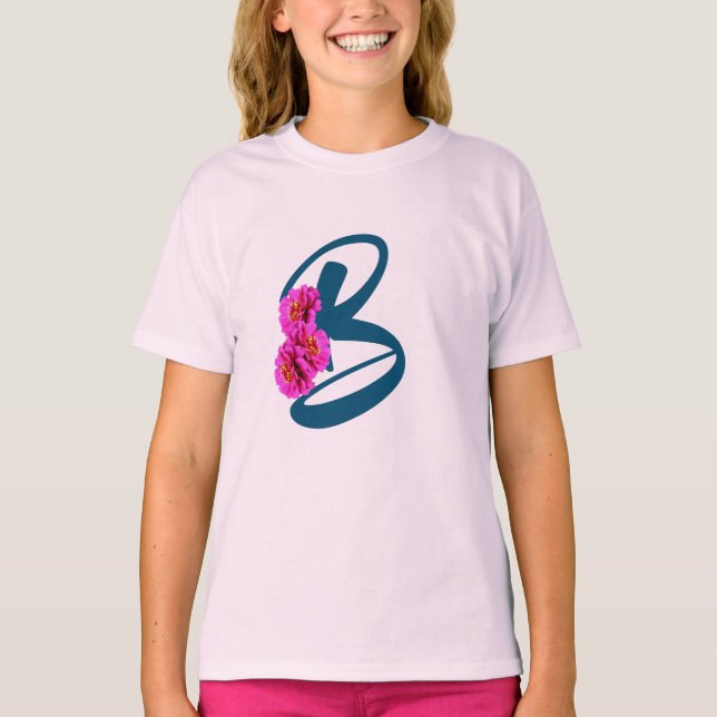 Zinnia Flowers Monogram Initial B  T-Shirt (Front)