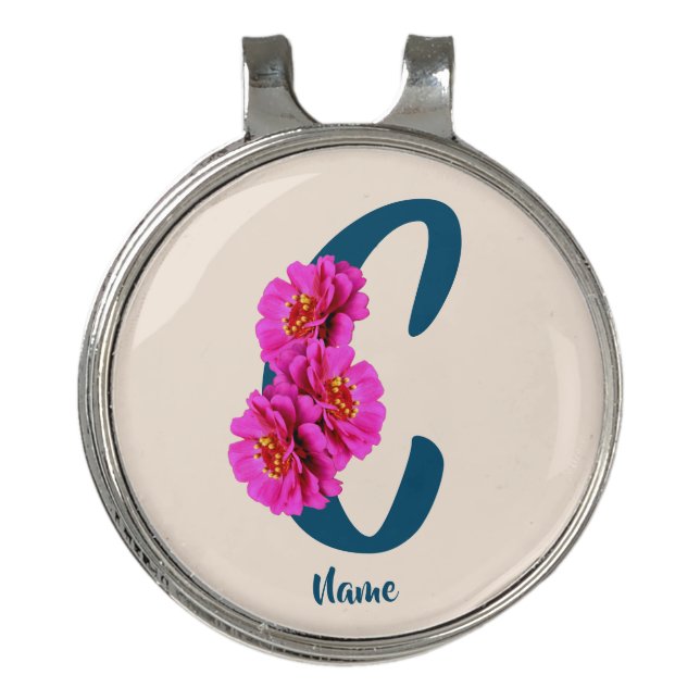 Zinnia Flowers Monogram Initial C Personalized Golf Hat Clip (Front)