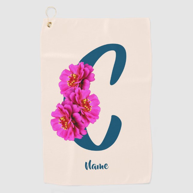 Zinnia Flowers Monogram Initial C Personalized Golf Towel (Front)