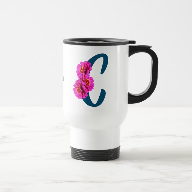 Zinnia Flowers Monogram Initial C Personalized Travel Mug (Right)
