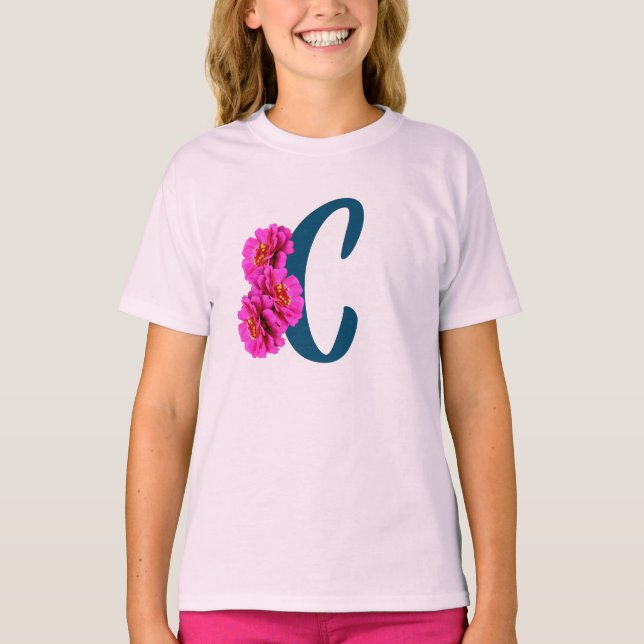 Zinnia Flowers Monogram Initial C  T-Shirt (Front)