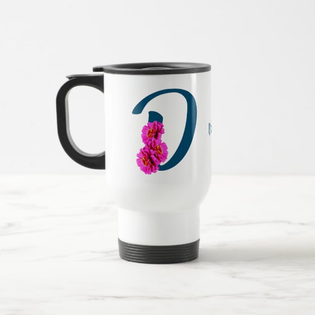 Zinnia Flowers Monogram Initial D Personalized Travel Mug (Left)