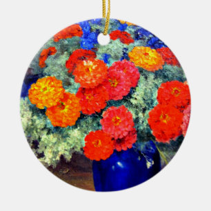 Zinnias, brightly colored and beautiful ceramic ornament