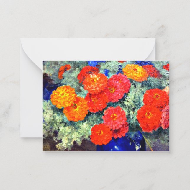 Zinnias, brightly colored and beautiful note card (Front)