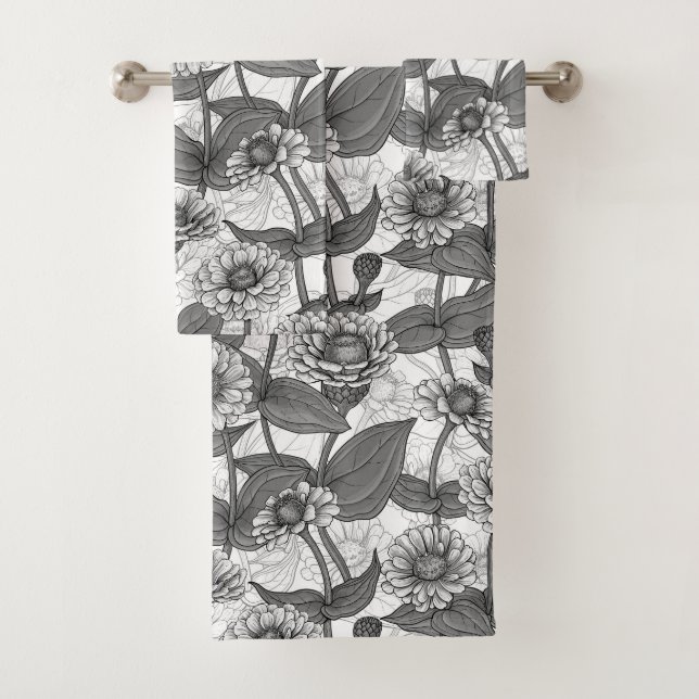 Zinnias, monochome on white bath towel set (Insitu)