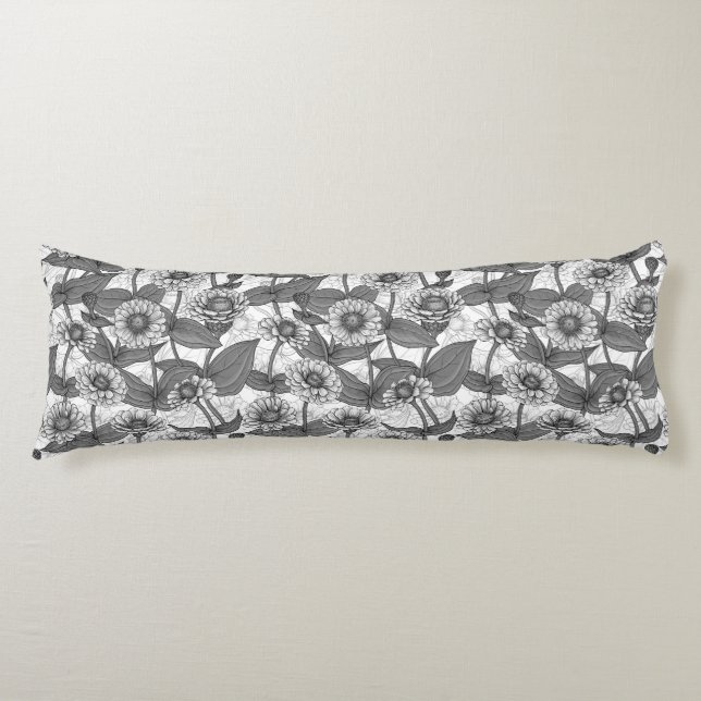 Zinnias, monochome on white body pillow (Front)