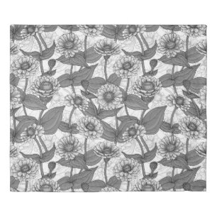 Zinnias, monochome on white duvet cover
