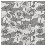 Zinnias, monochome on white fabric