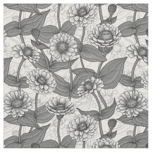 Zinnias, monochome on white fabric