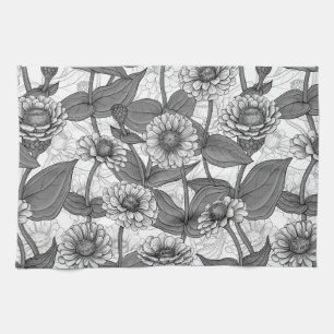 Zinnias, monochome on white kitchen towel