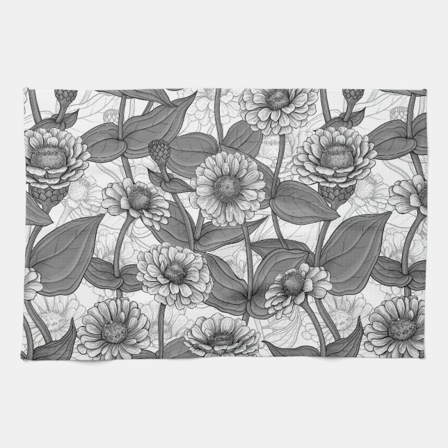 Zinnias, monochome on white kitchen towel (Horizontal)