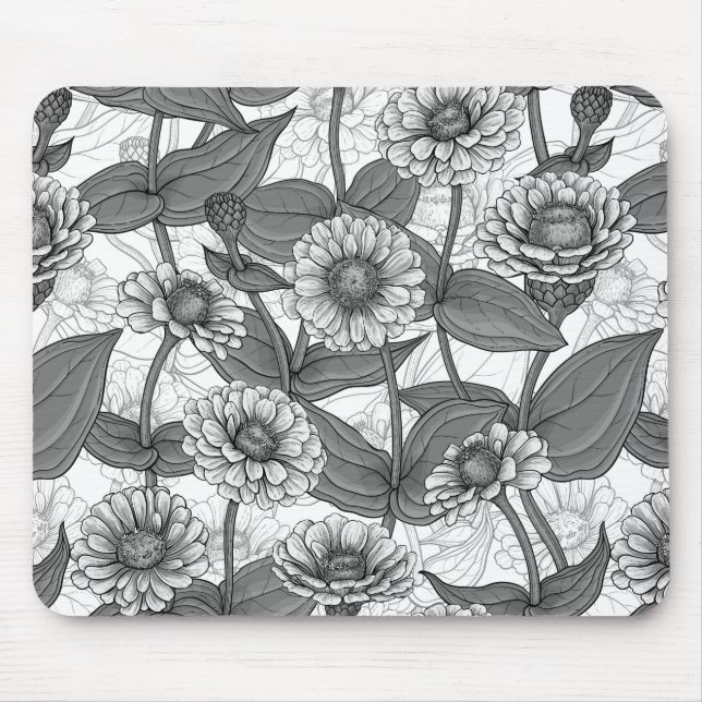 Zinnias, monochome on white mouse pad (Front)