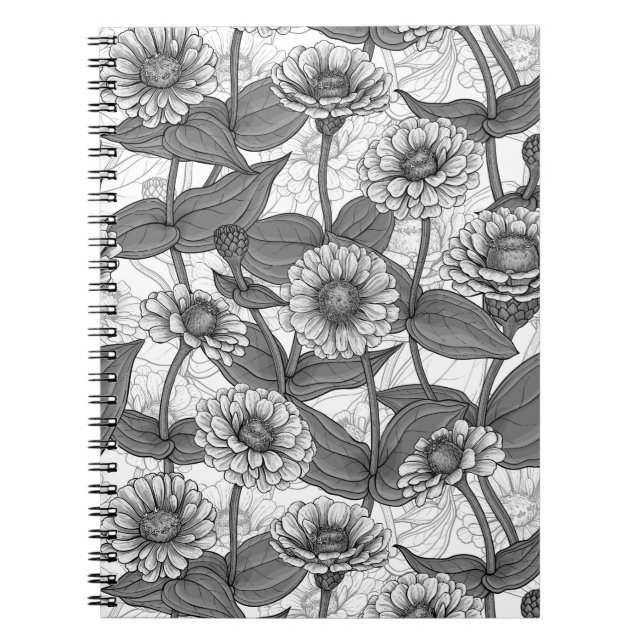 Zinnias, monochome on white notebook (Front)