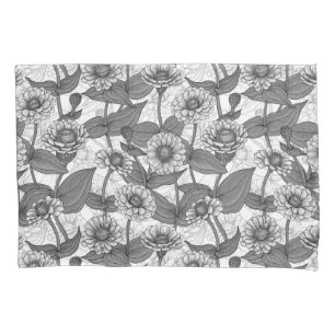 Zinnias, monochome on white pillow case