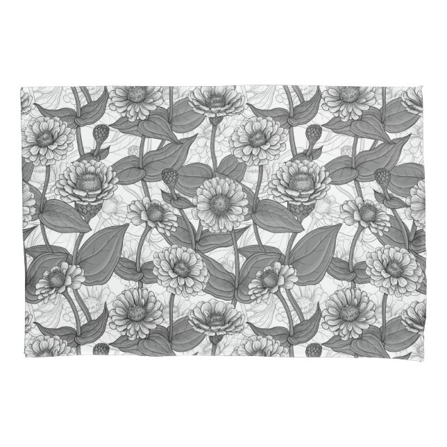 Zinnias, monochome on white pillow case (Front-Left)