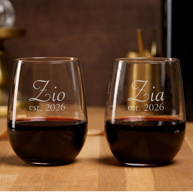 Zio and Zia est. Etched Stemless Wine Glass (Zio and Zia Est date Stemless Wine Glasses for new aunt and uncle, anniversary or wedding)