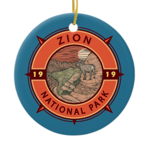 Zion National Park Bighorn Sheep Retro Compass Ceramic Ornament