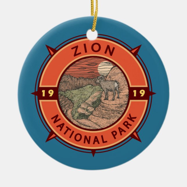 Zion National Park Bighorn Sheep Retro Compass Ceramic Ornament (Front)