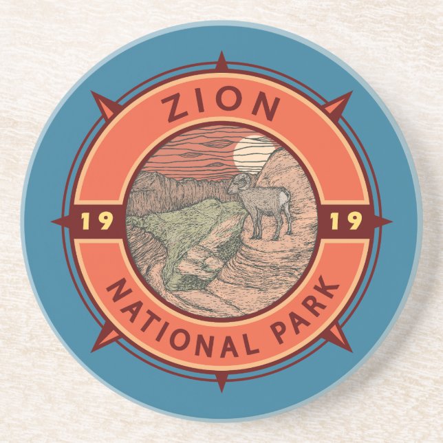 Zion National Park Bighorn Sheep Retro Compass Coaster (Front)