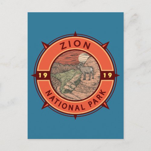 Zion National Park Bighorn Sheep Retro Compass Postcard